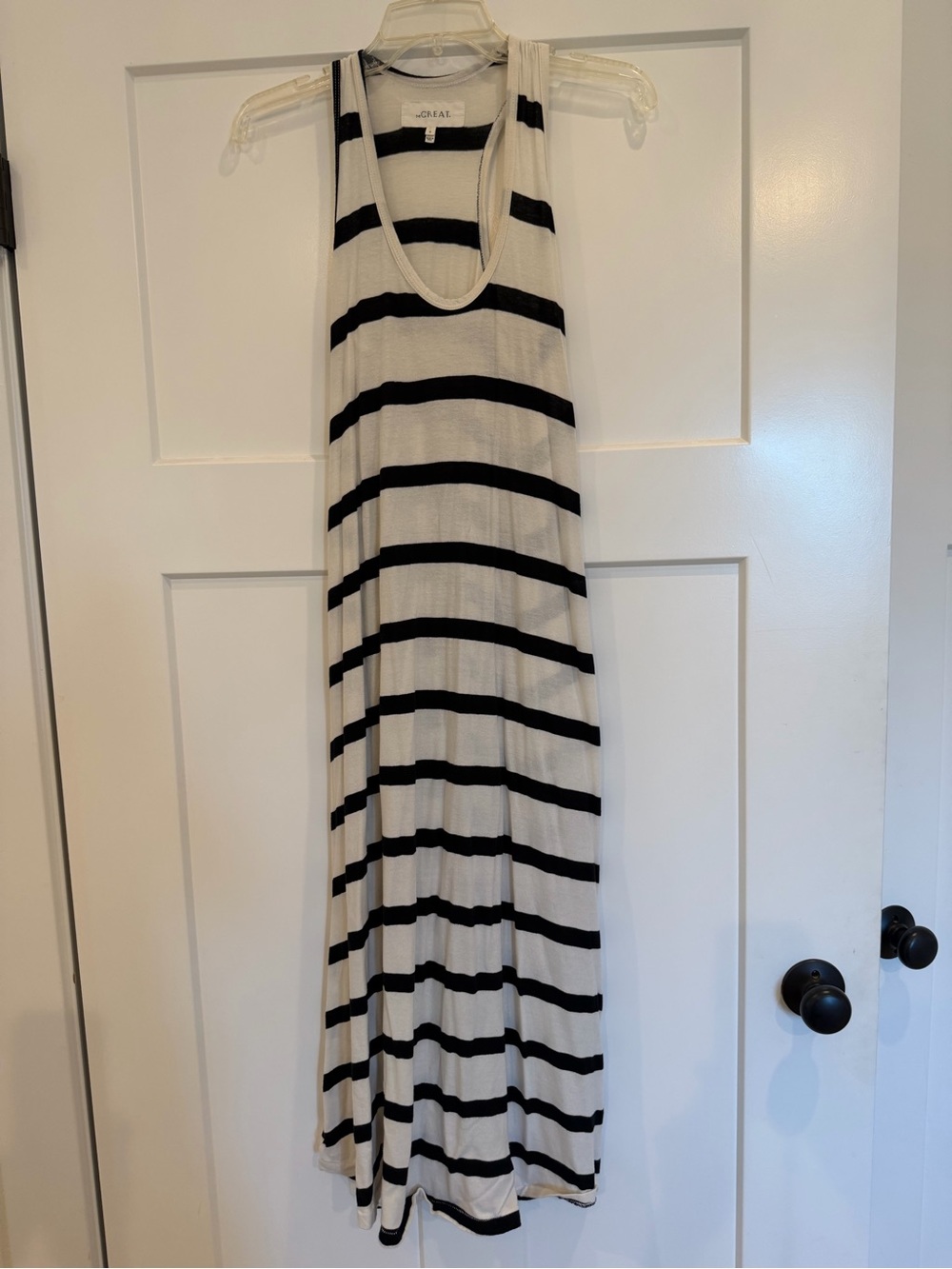 THE GREAT. Black and White Striped Racerback Maxi Dress